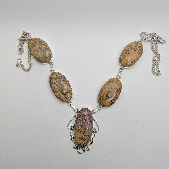 Leopard Skin Jasper Sterling Silver Necklace - Unique 22-Inch Earth Tone - Picture 2 of 8